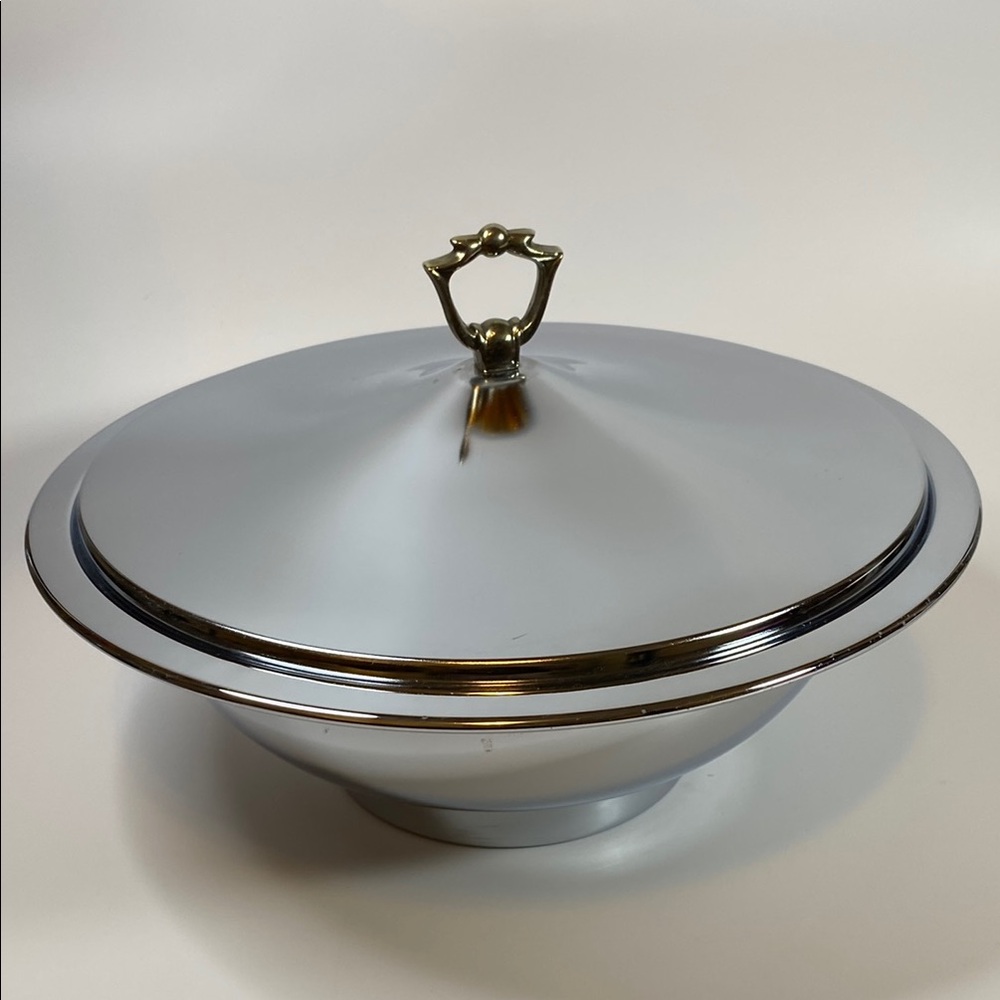 Vintage Kromex lidded serving dish, likely from the mid-20th century.